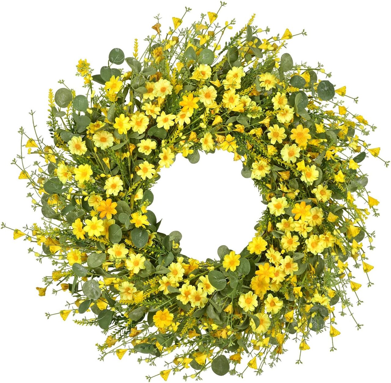 24 Inch Artificial Daisy Flower Summer Floral Wreath with Eucalyptus Green Leaves Wreath Farmhouse Wreath for Front Door Wall Home Party Decorations